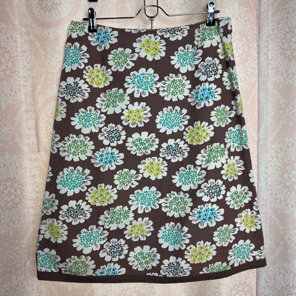 Boden Y2K Blue Green Retro Floral Print Brown Midi Skirt 100% Cotton Sz 12 Long - Picture 2 of 9